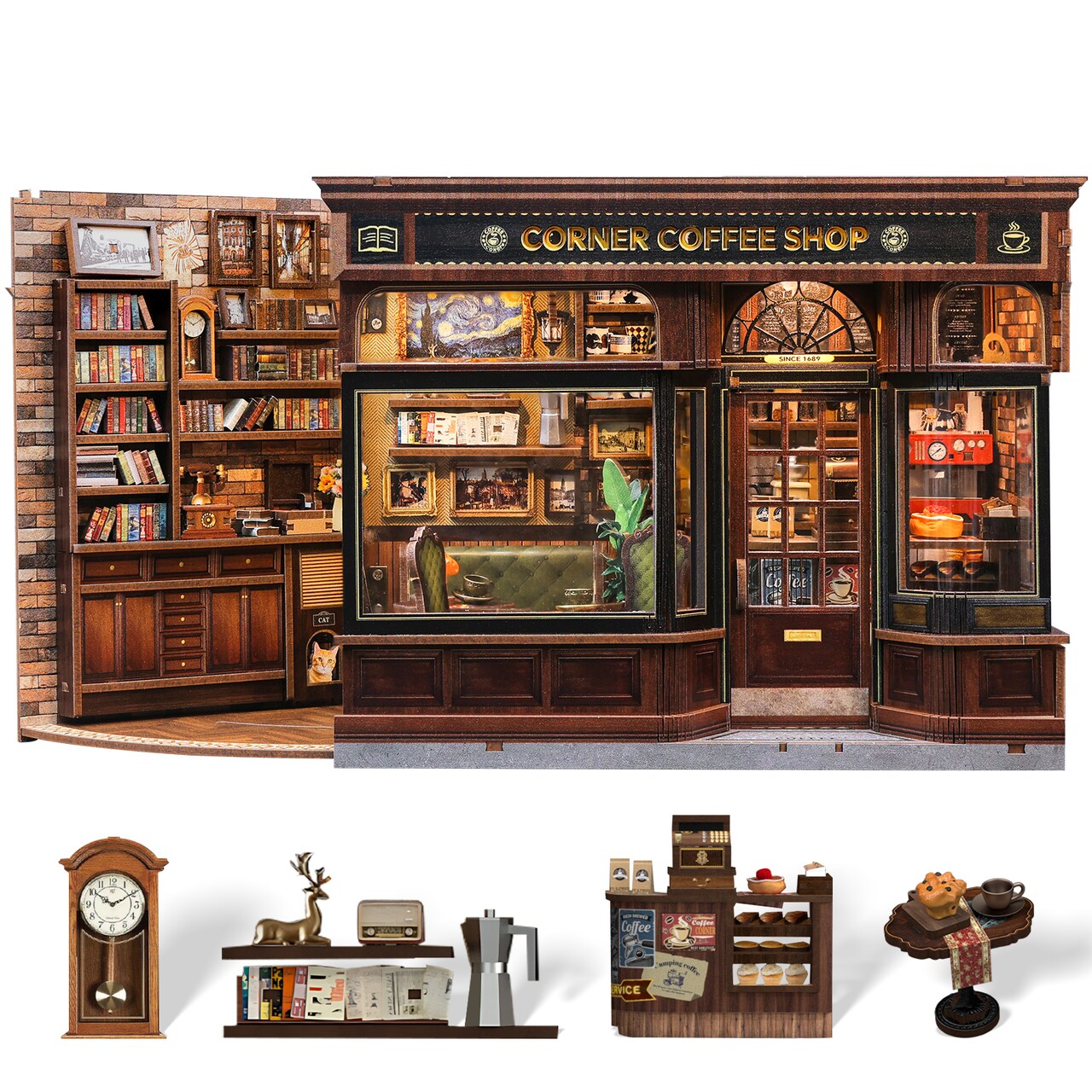 CUTEBEE Book Nook Kit Corner Coffee Shop DIY Miniature House Shelf Insert Decor Diorama Kit